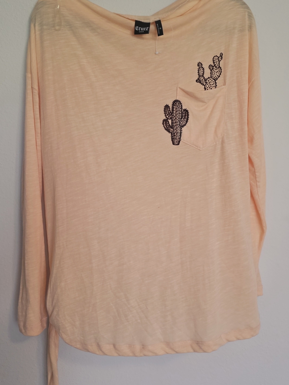 Cruel Girl Peach Long Sleeve Top with Black Cactus Designs